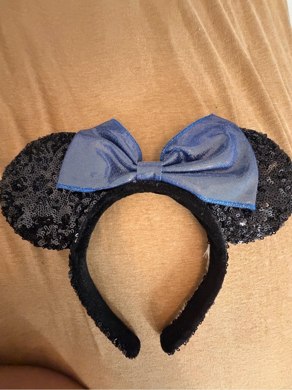 Sequin Black Minnie Mouse Ear Headband with Blue Bow